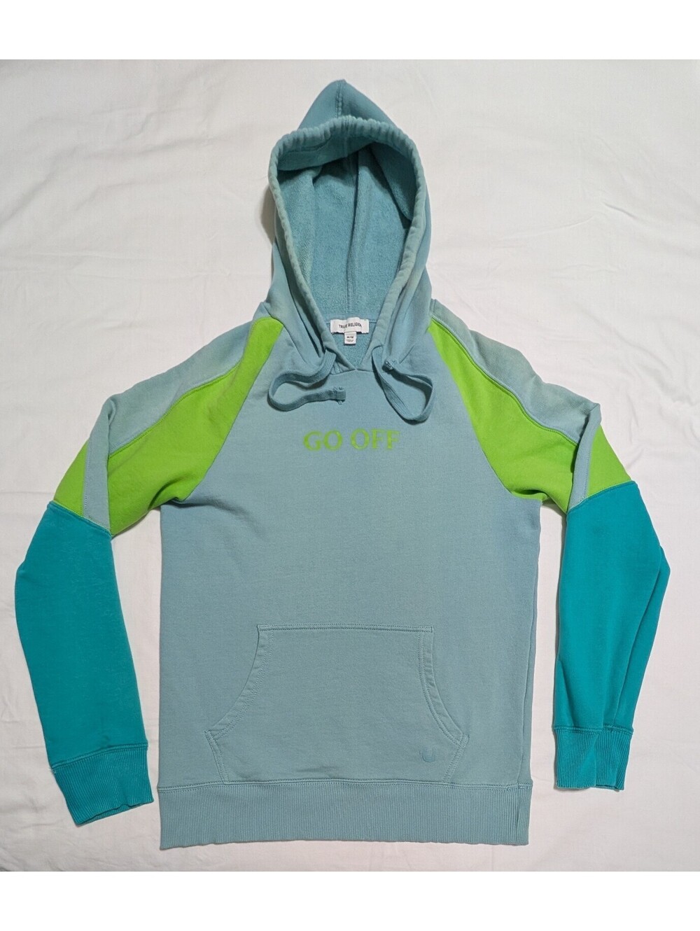 True Religion Men's Color-Block Hoodie "GO OFF" Mint Teal Green Pullover Size M